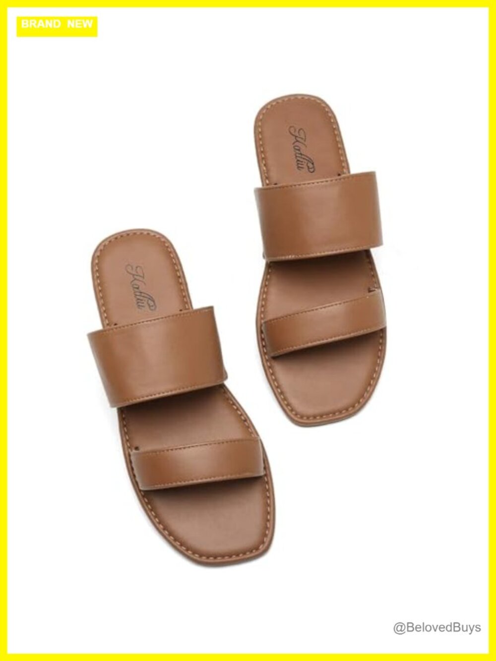 Women's Two Strap Flat Slide Sandals Faux Leather Square Toe Cushioned